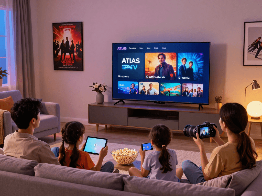 Famille utilisant Atlas Pro pour regarder des films et des séries en streaming dans un salon moderne, ambiance chaleureuse.