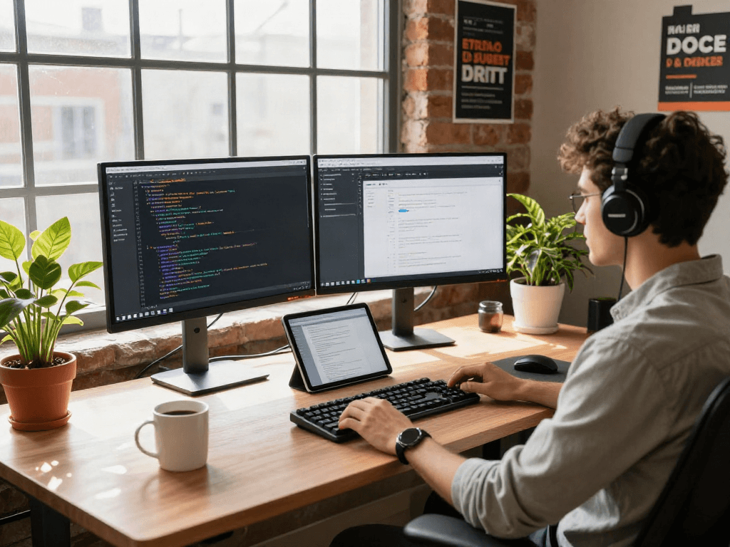 Développeur utilisant Atlas pro ontv dans un bureau moderne avec équipements technologiques