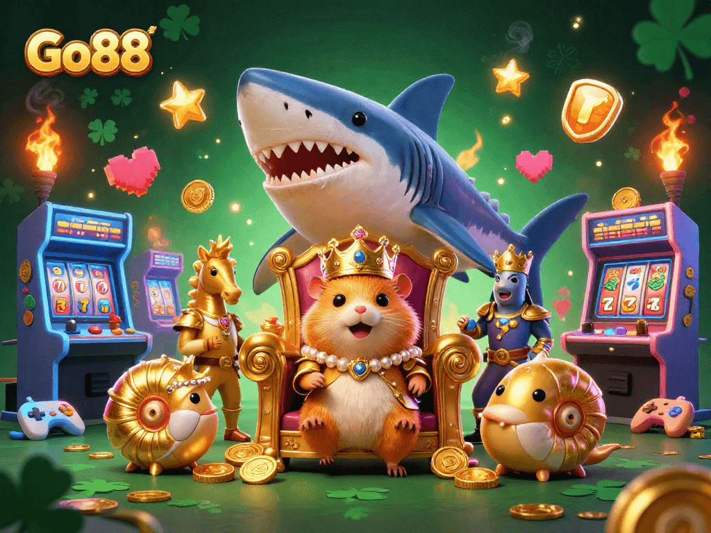 Go88 is a vibrant gaming scene featuring a golden hamster king and royal sea creatures.