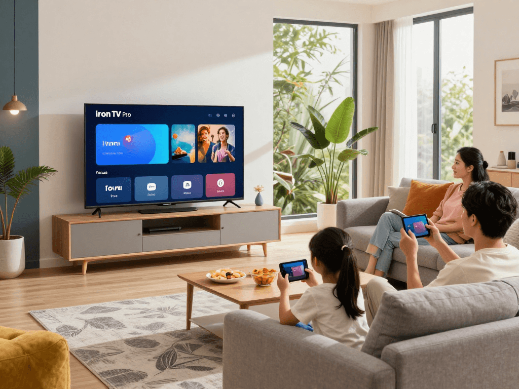 Famille utilisant Iron TV pour un divertissement familial à domicile.