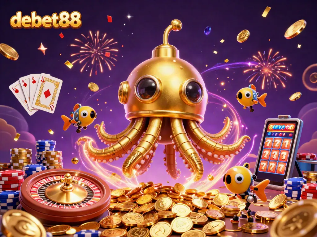 Engage with debet88's thrilling gaming experience amidst cascading riches and vibrant casino elements.
