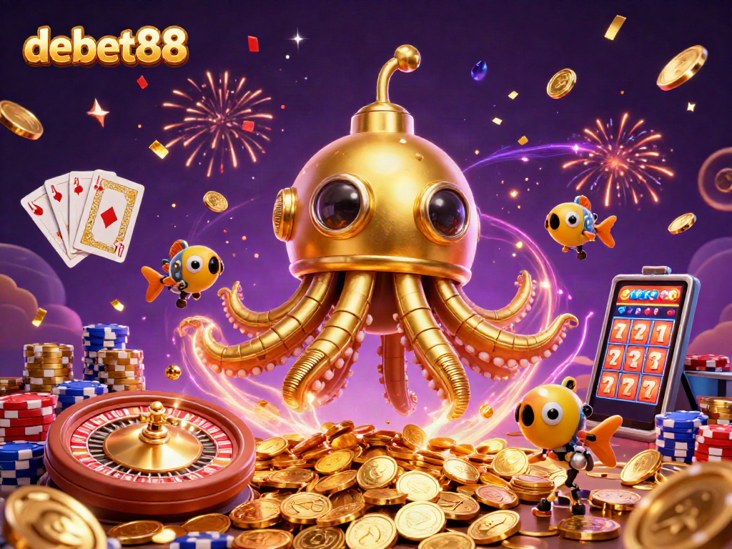 Engage with debet88's thrilling gaming experience amidst cascading riches and vibrant casino elements.