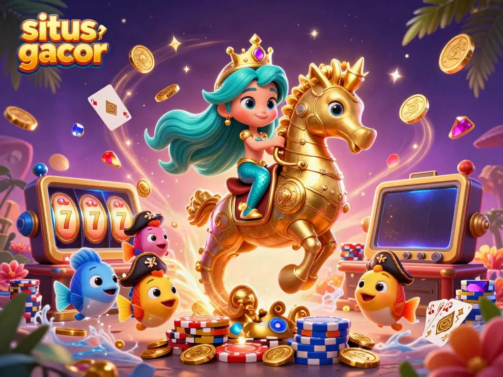 Engage with situs slot gacor through a whimsical underwater scene with a mermaid and rich gaming elements.