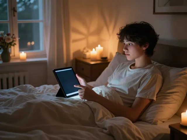 Engaging in a cozy NSFW AI chat on a tablet in a warmly lit bedroom.
