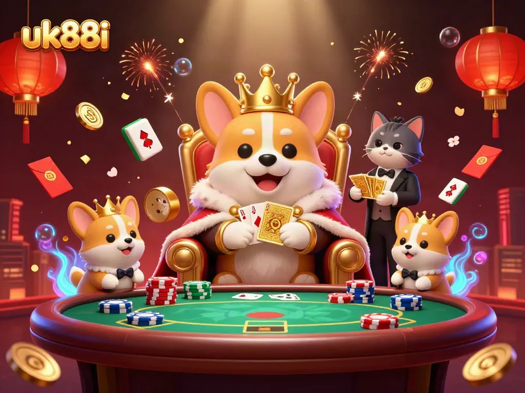 Experience the vibrant world of uk88i with royal corgi and casino-themed details in this dynamic 3D scene.