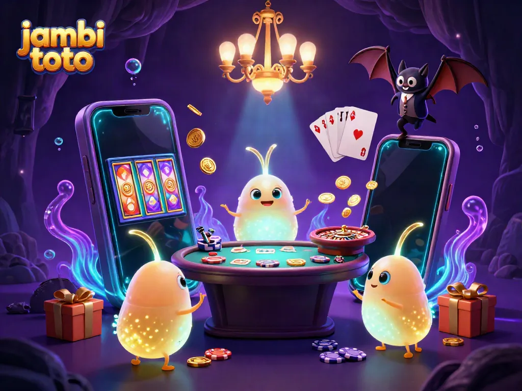 Experience excitement at Jambi Toto with glowing characters illuminating a vibrant casino scene.