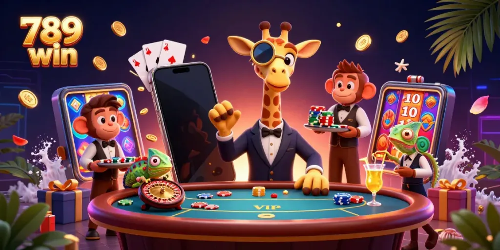 Embark on thrilling adventures with 789 win at a vibrant casino featuring a high-roller giraffe, poker table, and lively game elements.