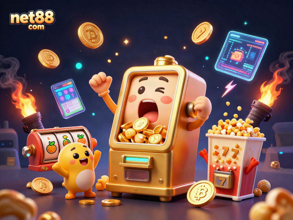 Win big with net88 com as a golden slot machine hits a jackpot surrounded by cheering machines.