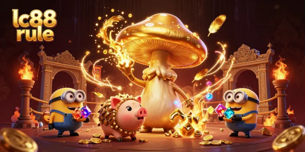Experience the enchanting lc88 rule with a magical 3D mushroom wizard, treasures, and vibrant casino elements.
