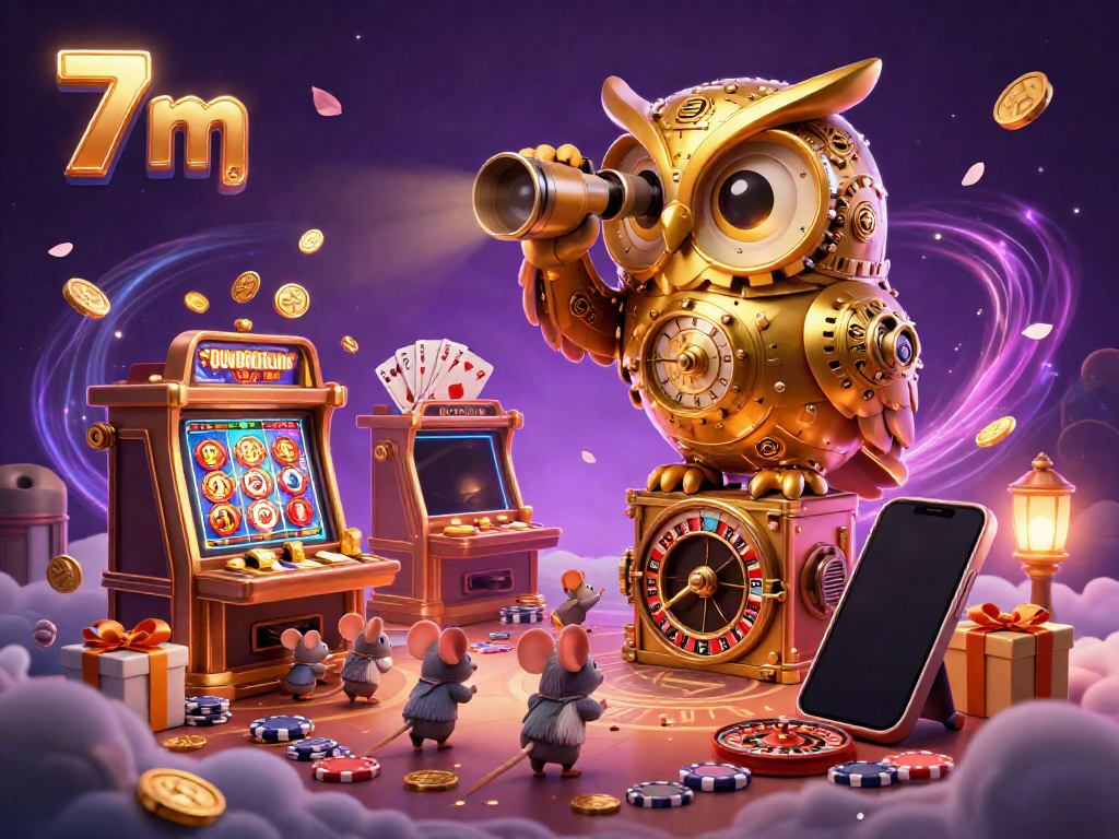 Engage with the vibrant 7 m casino scene featuring a clockwork owl, animated slot game, and dynamic betting elements.