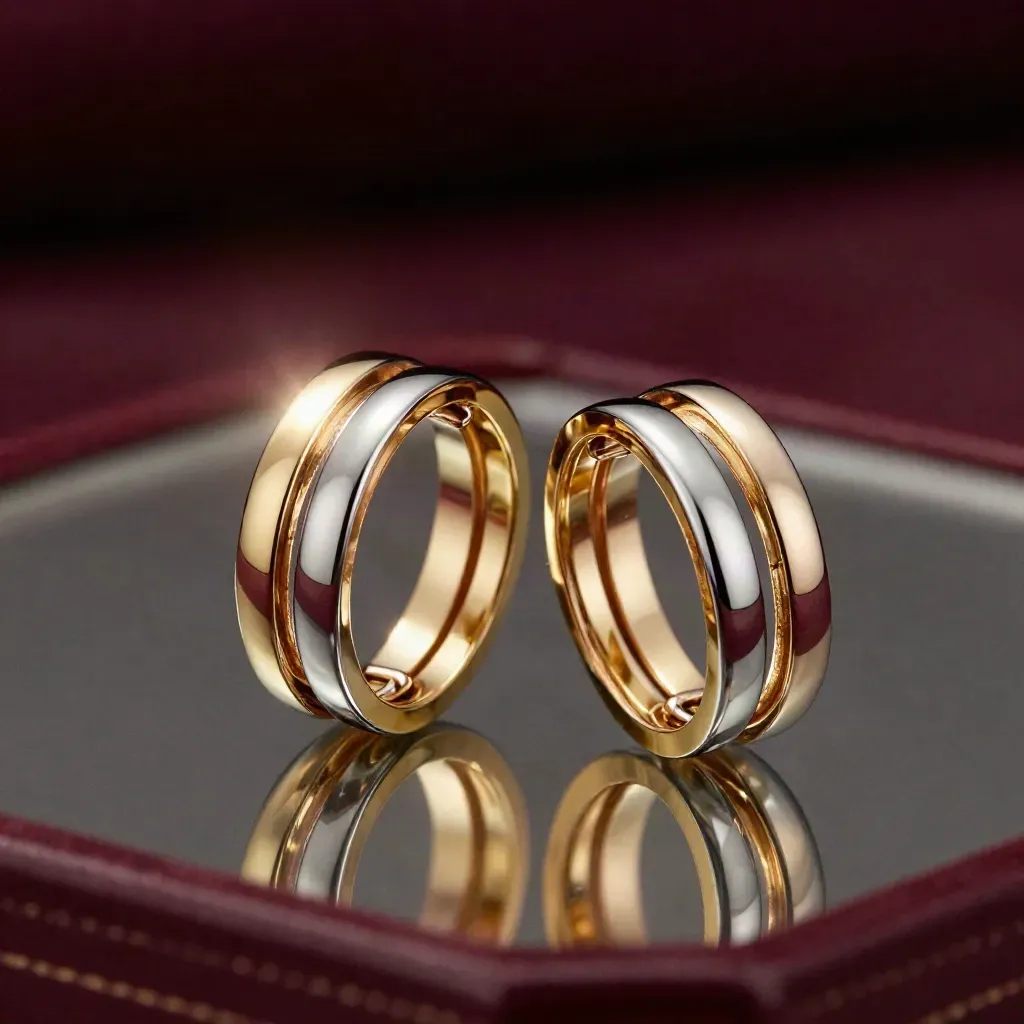 Macro de boucles d’oreilles Trinity sur miroir fumé avec reflet bordeaux.