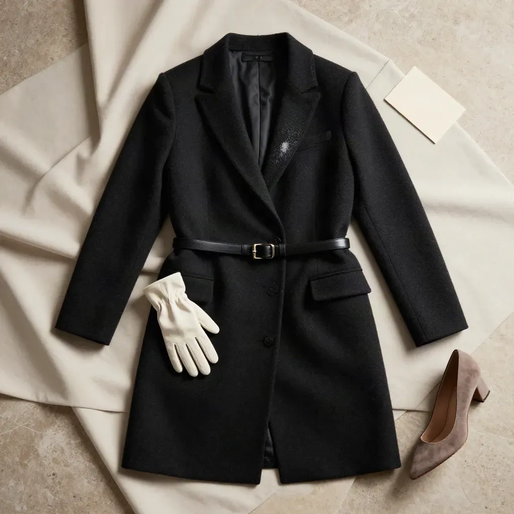 Manteau noir en laine posé en vue du dessus sur drapé écru avec gant, ceinture et escarpin.