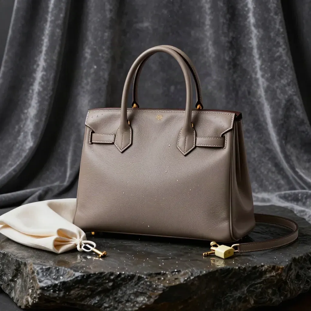 Sac taupe sur pierre humide, lumière dramatique et gouttes en suspension.