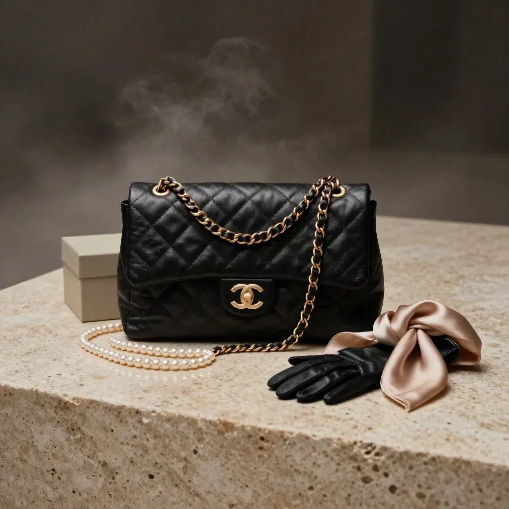 Sac Chanel noir en cuir, chaîne dorée, perles et gants sur travertin humide.