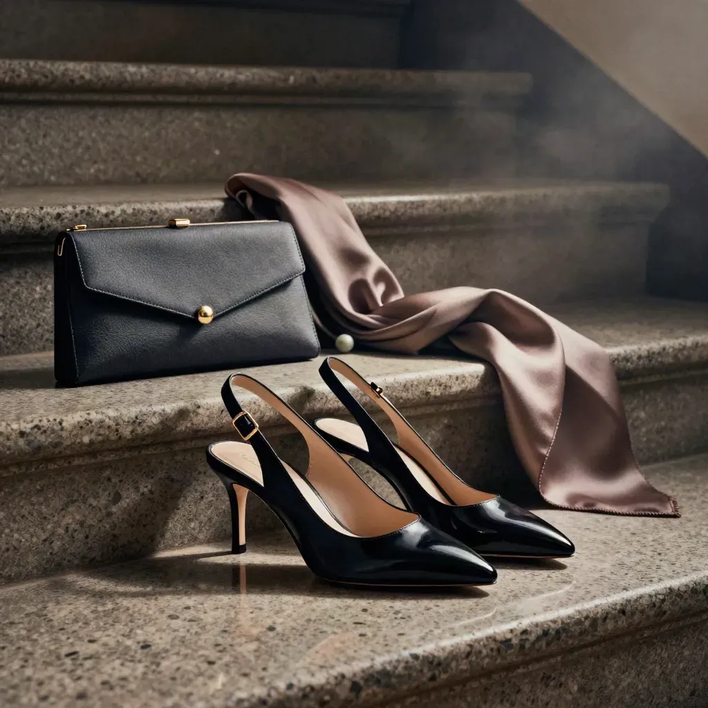 Escarpins slingback noirs sur travertin avec pochette, foulard et bijou discret.