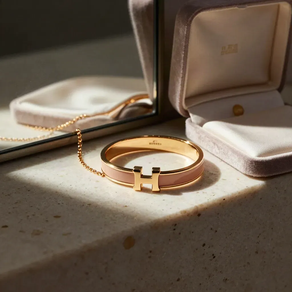 Bracelet doré Hermès Clic H, chaîne fine et écrin de velours sur travertin.
