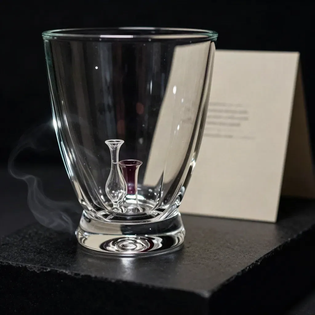 Vase en cristal Lalique en macro, halo réfracté et petit récipient voisin sur fond noir.