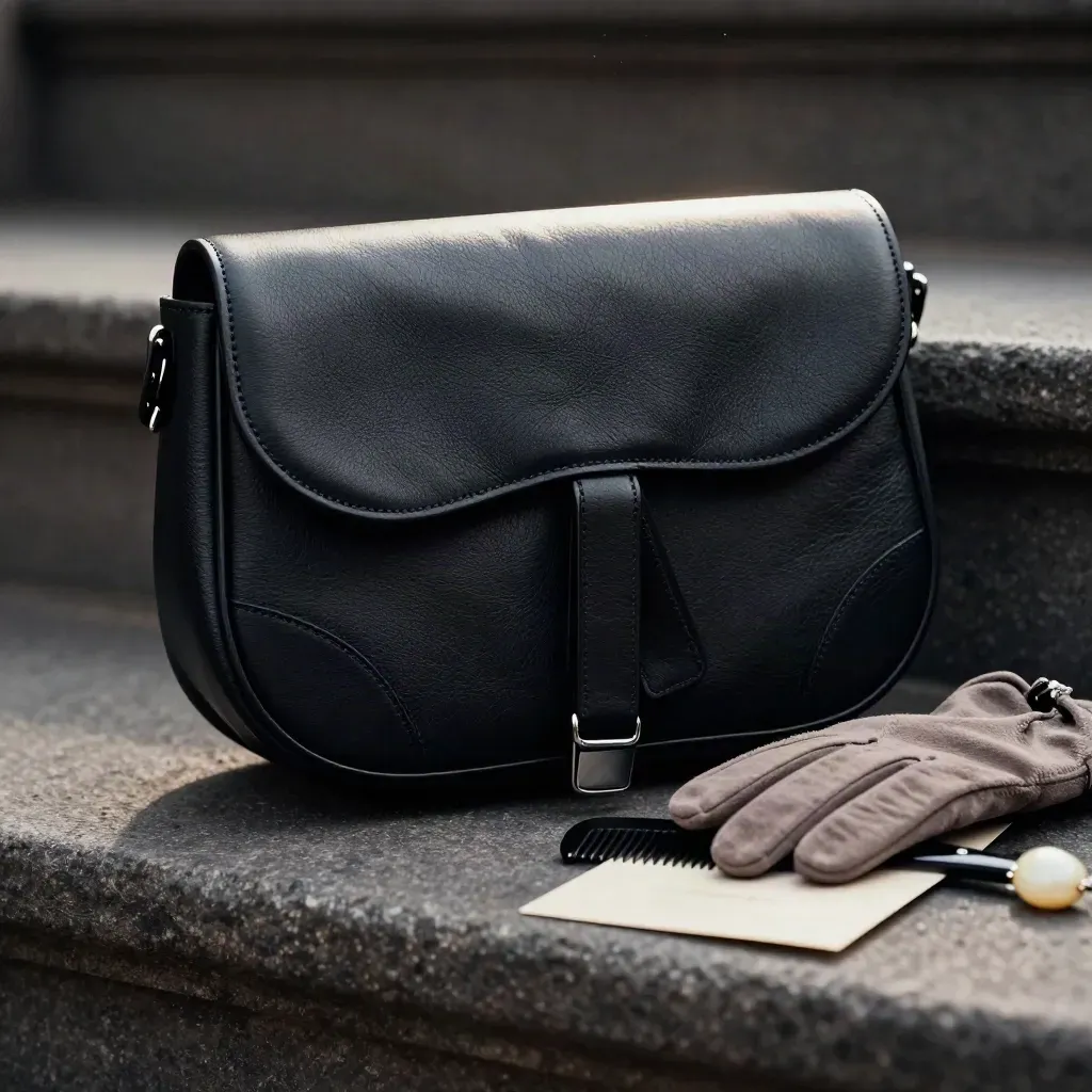 Gros plan d’un sac Saddle noir sur dalle sombre, avec gants en daim, peigne noir et bijou ivoire.