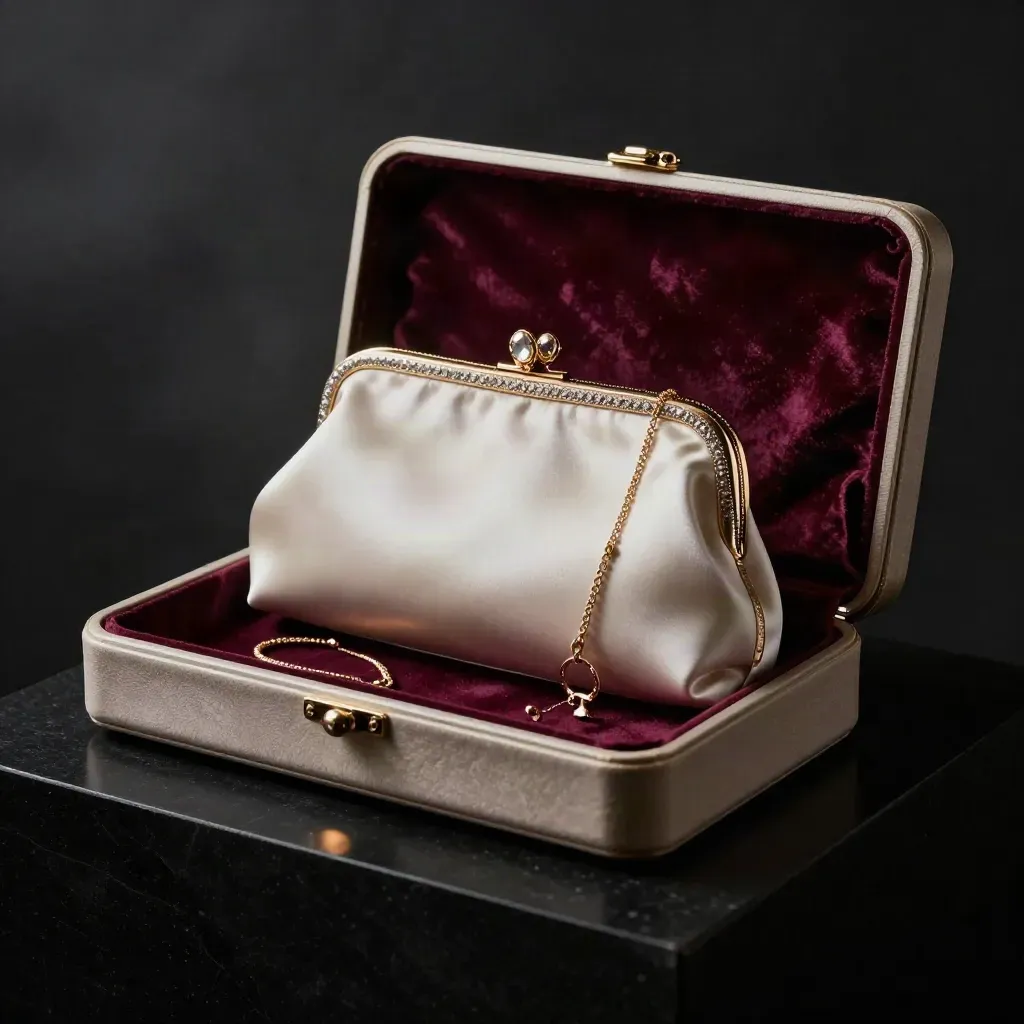 Sac de soirée et bijoux vintage dorés dans un clair-obscur bordeaux, ambiance luxe.