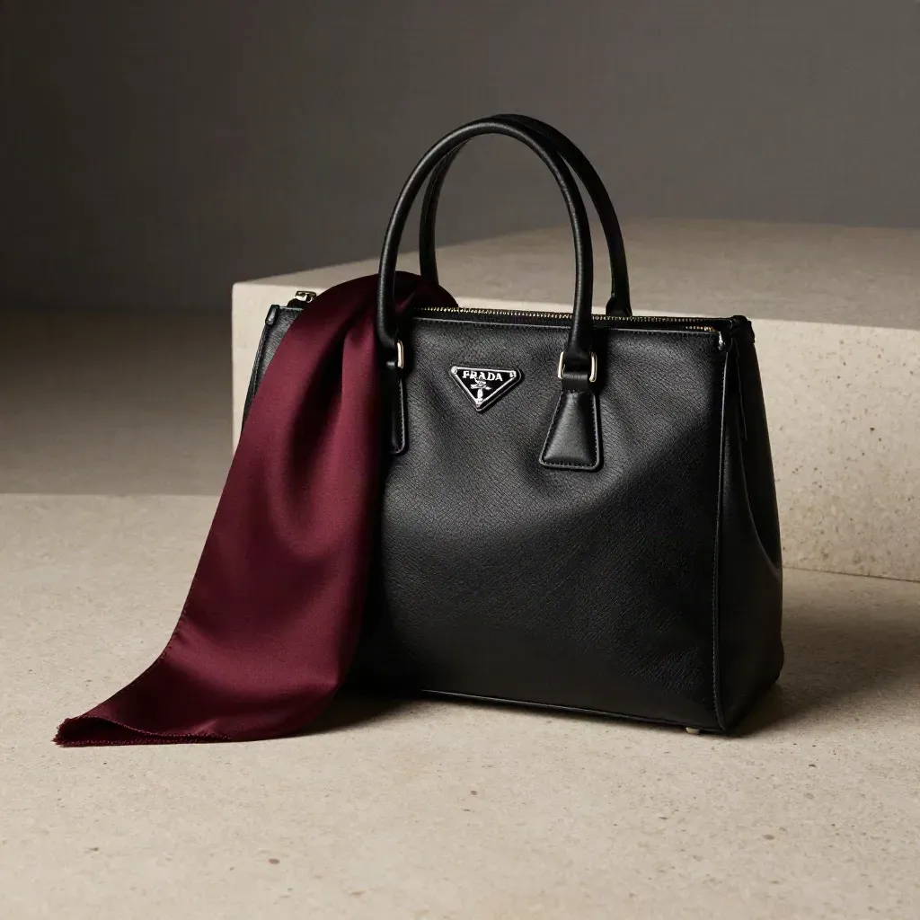 Sac Prada Galleria noir sur pierre, foulard bordeaux et coupe métal, lumière douce.
