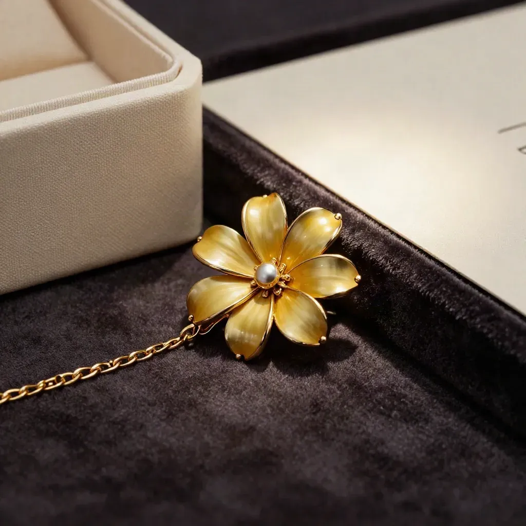 Broche en or jaune sur velours sombre, avec écrin neutre et chaîne fine.
