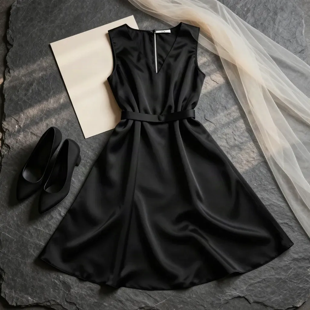 Aplat zénithal d’une robe noire en soie avec ceinture, escarpins et voile sur pierre sombre.