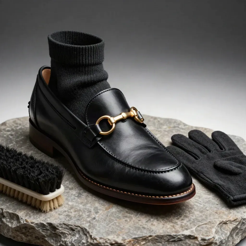 Gros plan de mocassins noirs à mors, chaussettes fines, brosse et gant sur dalle de pierre.