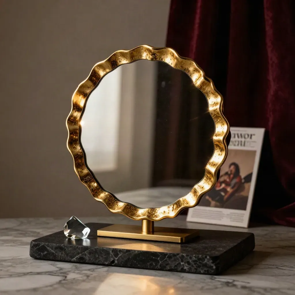 Miroir Murano doré en verre soufflé sur marbre, éclairé dramatiquement avec reflets mouvants.
