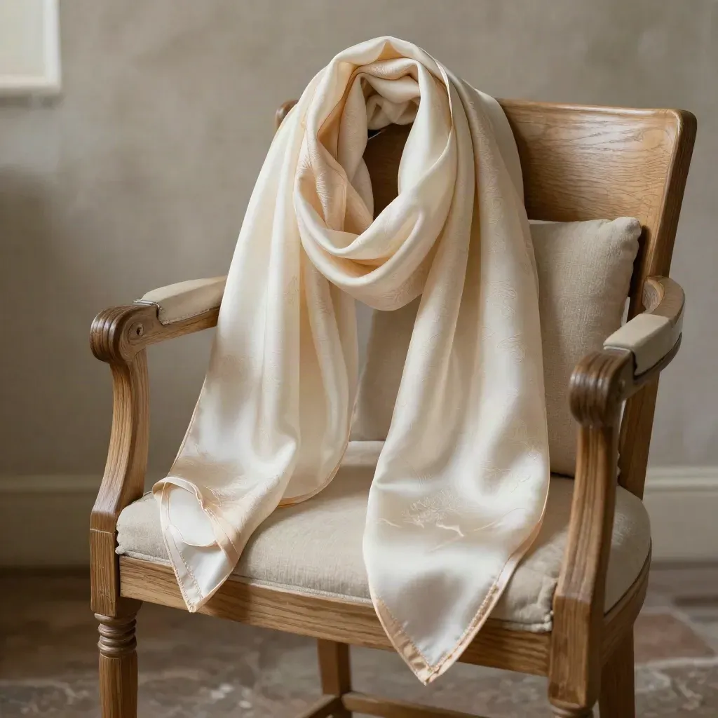 Foulard en soie ivoire flottant au-dessus d’une chaise en bois, ambiance boutique chic.