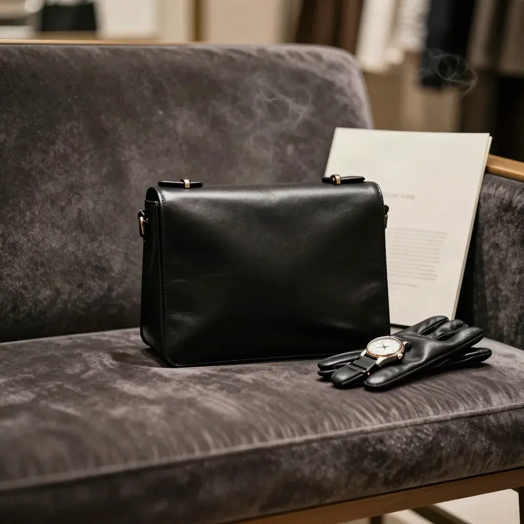 Sac Céline Box noir sur siège bas en velours, avec montre discrète et gants souples, lumière douce.