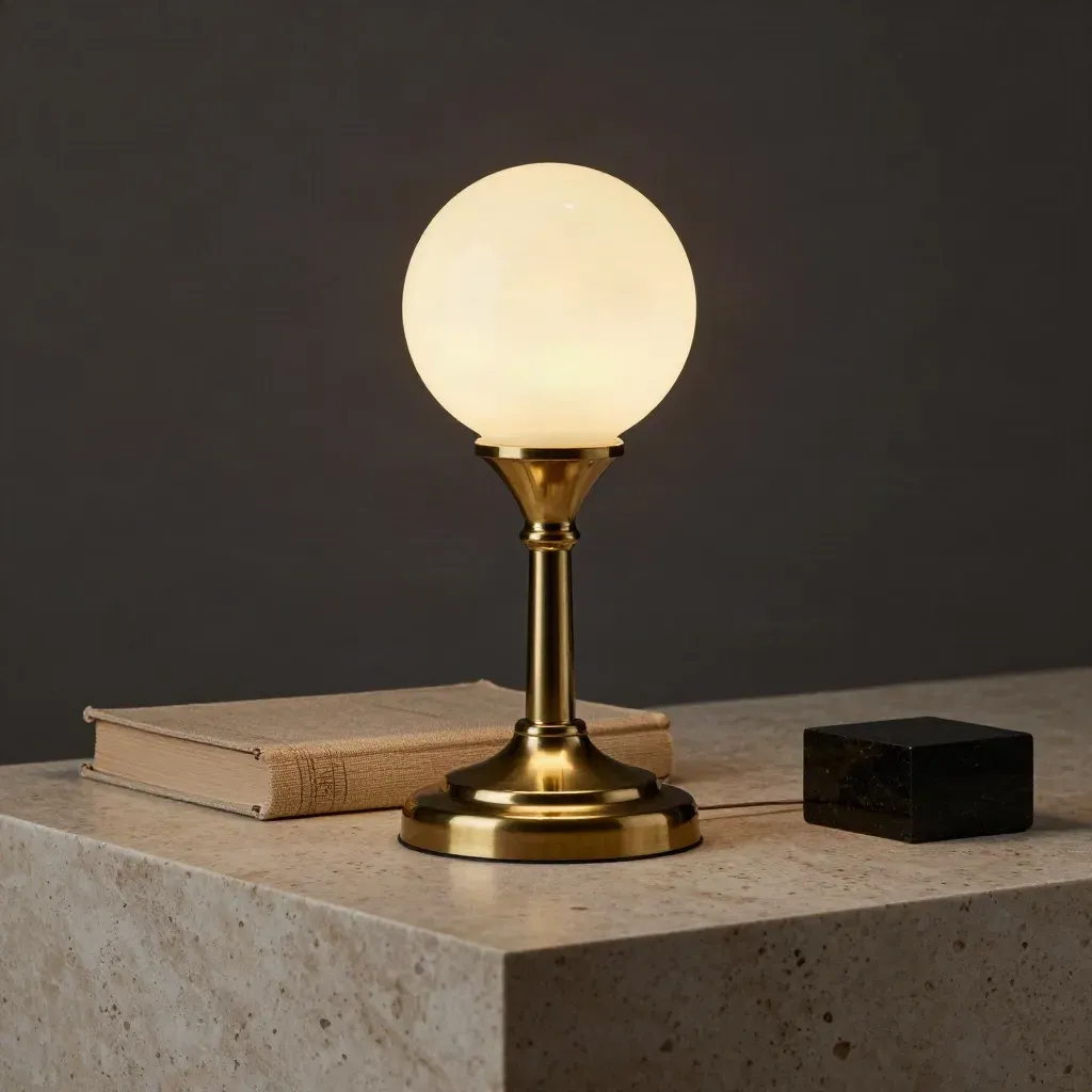 Lampe art déco en laiton poli avec livre fermé et bloc de basalte sur fond sombre.