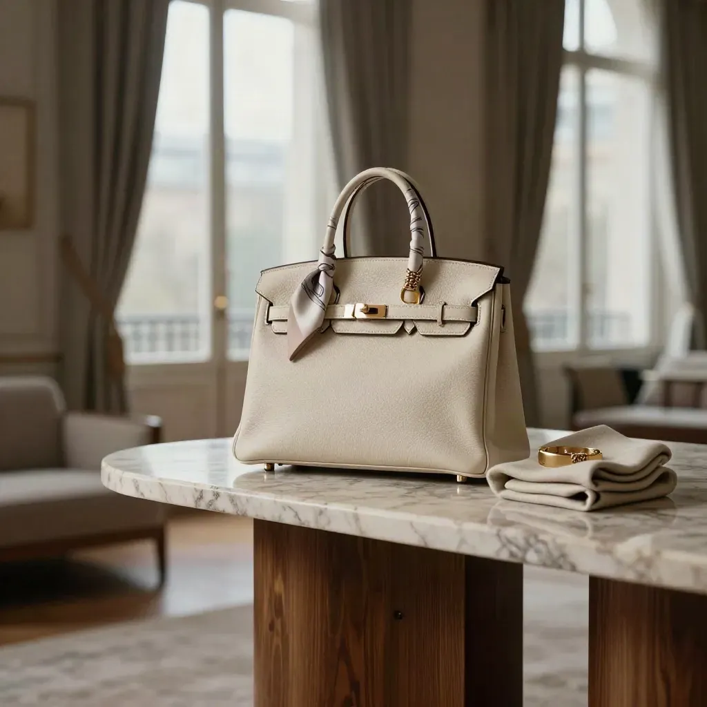 Sac de luxe crème sur console de marbre, salon haussmannien lumineux au matin.