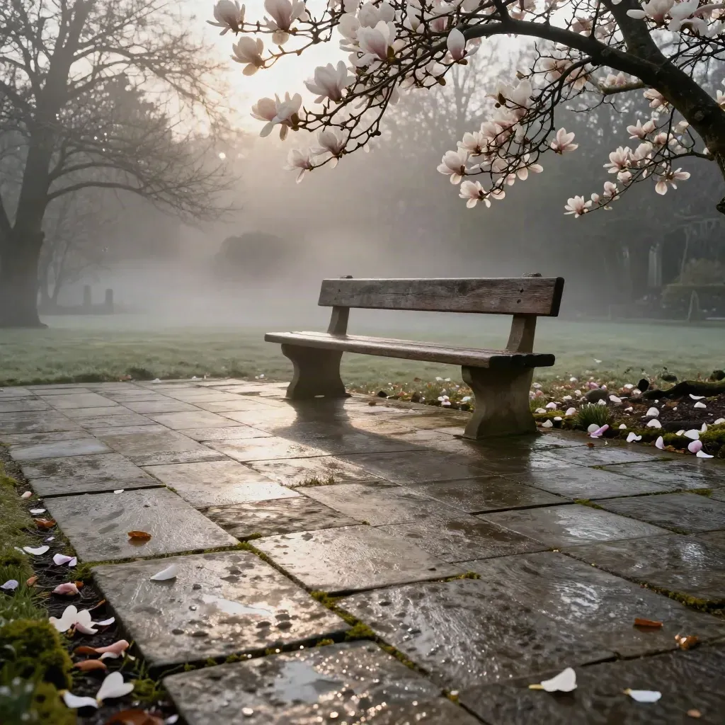 Cour de jardin humide à l’aube, magnolias fanés, banc en bois, brume basse.