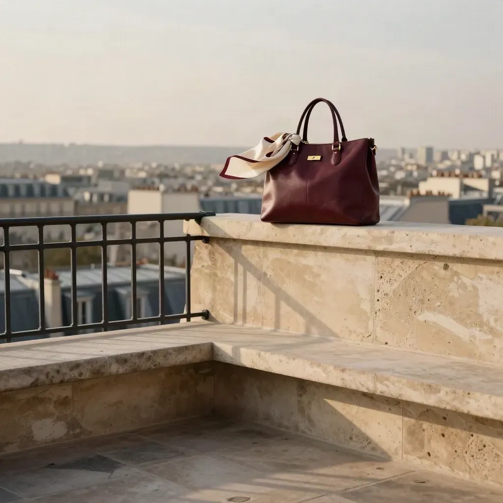 Terrasse parisienne en pierre sable, ciel laiteux, sac bordeaux et skyline floue.
