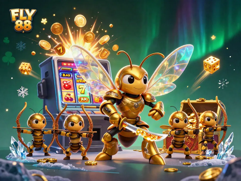 FLY 88 showcases an action-packed 3D casino scene with a golden hornet samurai surrounded by winning slot game elements.