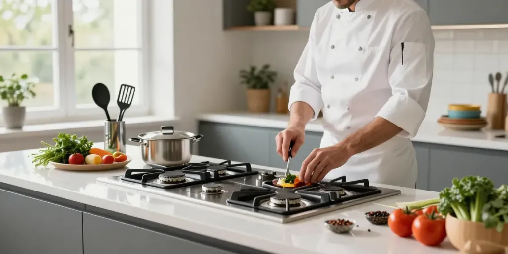 Panneau vitrocéramique moderne utilisé par un chef dans une cuisine lumineuse, ingrédients frais sur le plan de travail.
