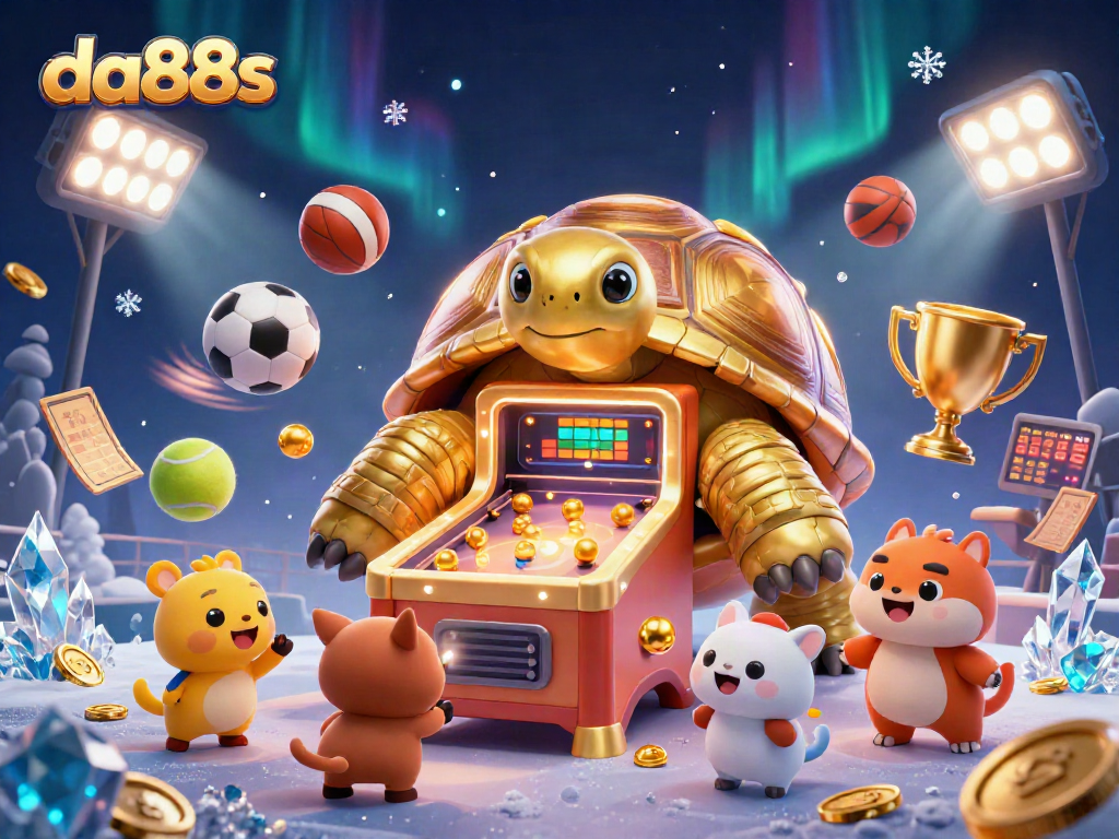 Engage with da88s in a vibrant casino scene featuring a golden tortoise pinball machine.