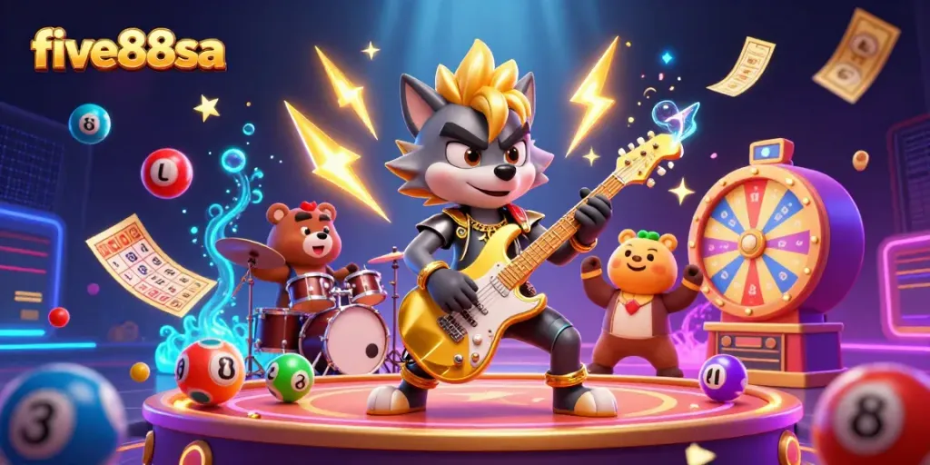 Experience vibrant casino excitement with five88sa's animated rock star scene featuring dynamic gaming elements.