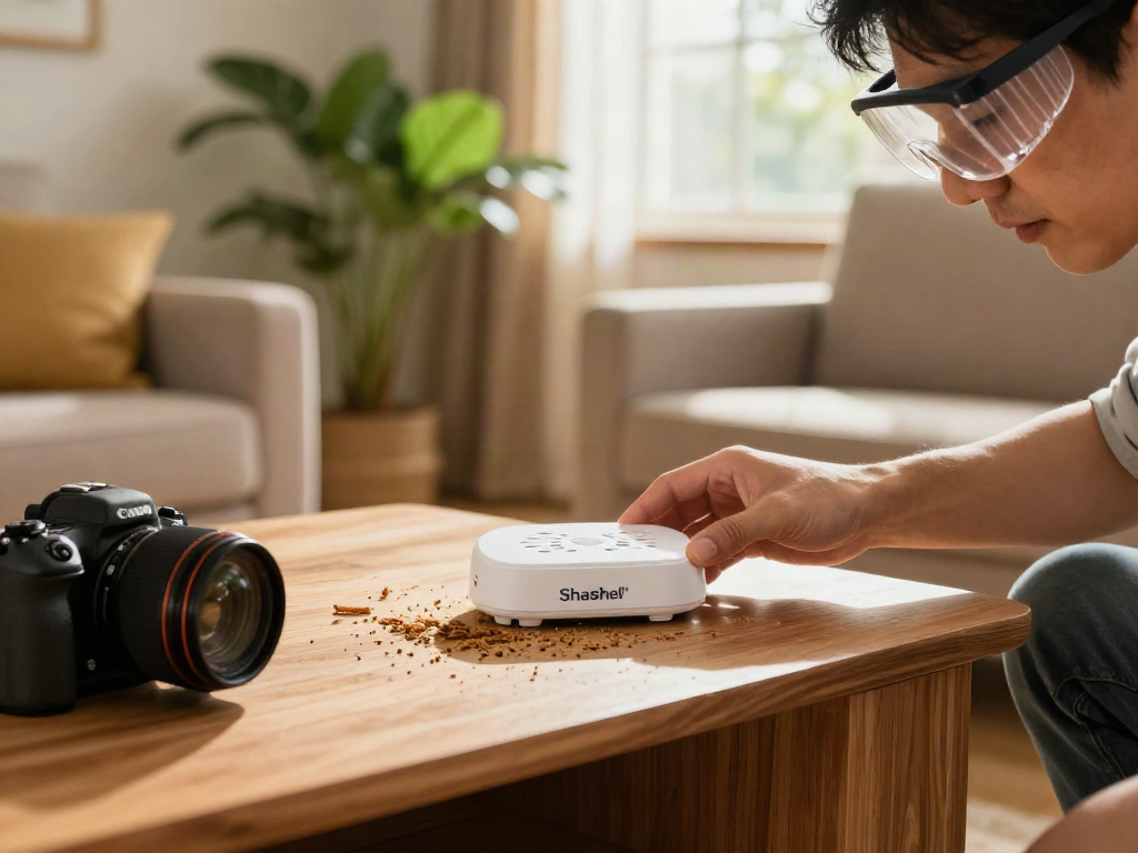 Shashel® traitement de préservation du bois dans un salon confortable, personne utilisant un appareil de micro-ondes pour éliminer les insectes.