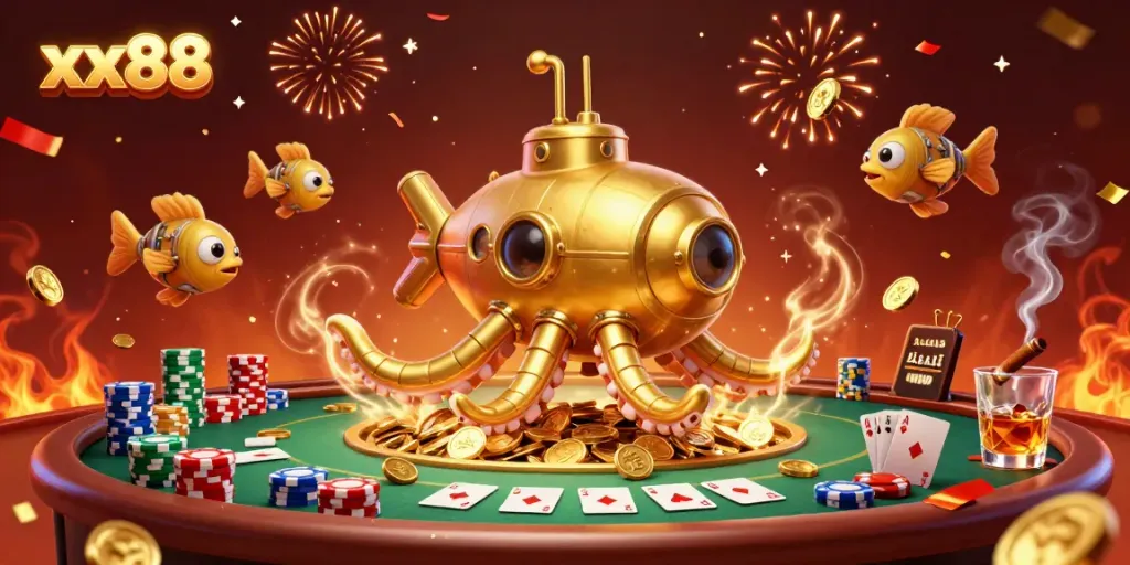 Experience the excitement of xx88 with a vivid 3D casino scene featuring cards and chips.