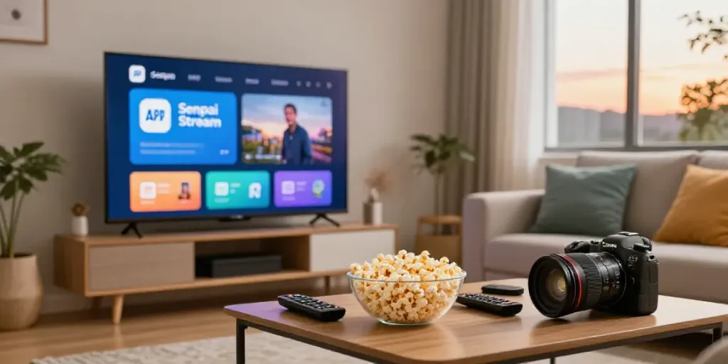 Écran de télévision affichant l'application Senpai Stream APK dans un salon chaleureux.