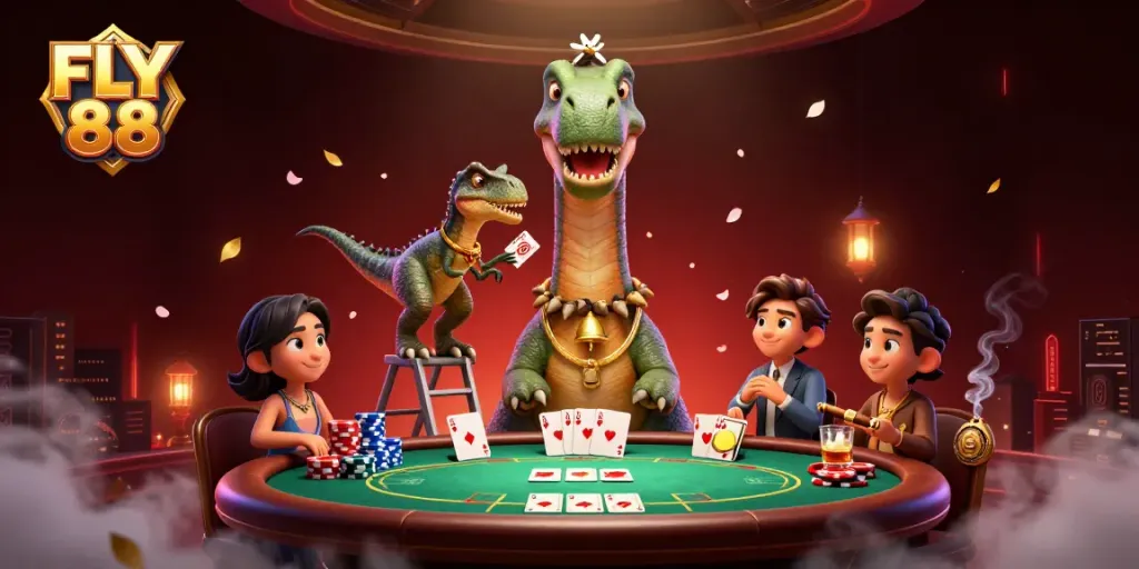 Experience thrilling gameplay with FLY 88 in this vibrant casino illustration featuring unique characters.