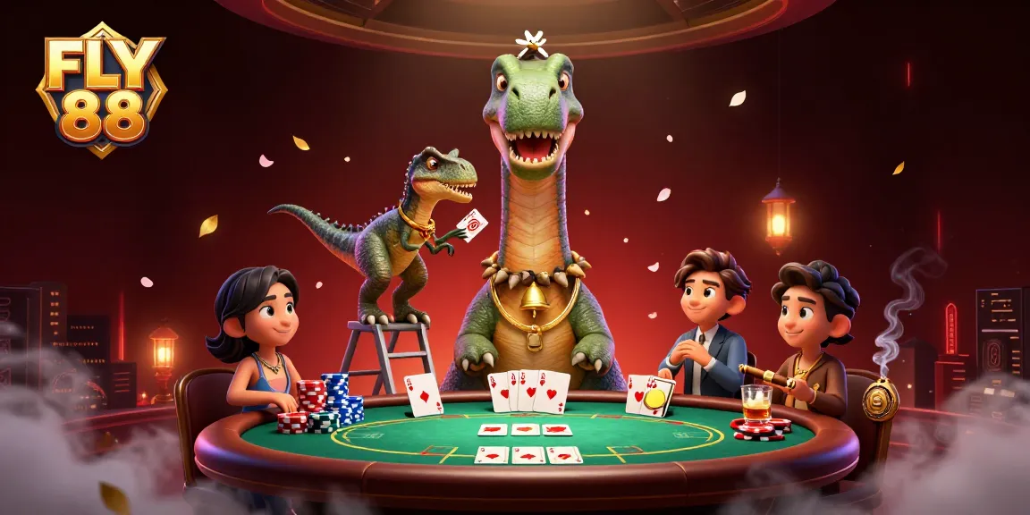 Experience thrilling gameplay with FLY 88 in this vibrant casino illustration featuring unique characters.