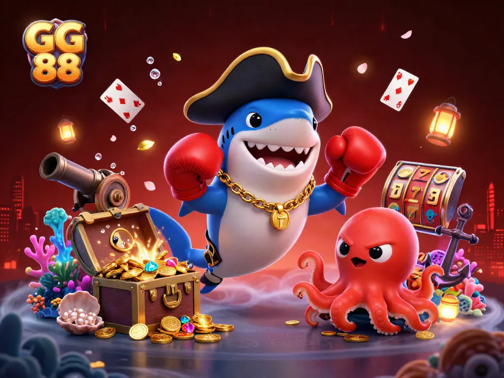 Experience the thrill of GG 88 with a vibrant illustration of a pirate shark and friends amidst casino treasures.
