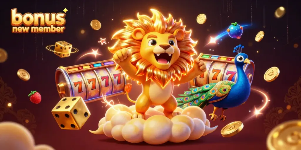 Engaging illustration of "bonus new member" slot games, featuring dynamic slot reels and lively characters.