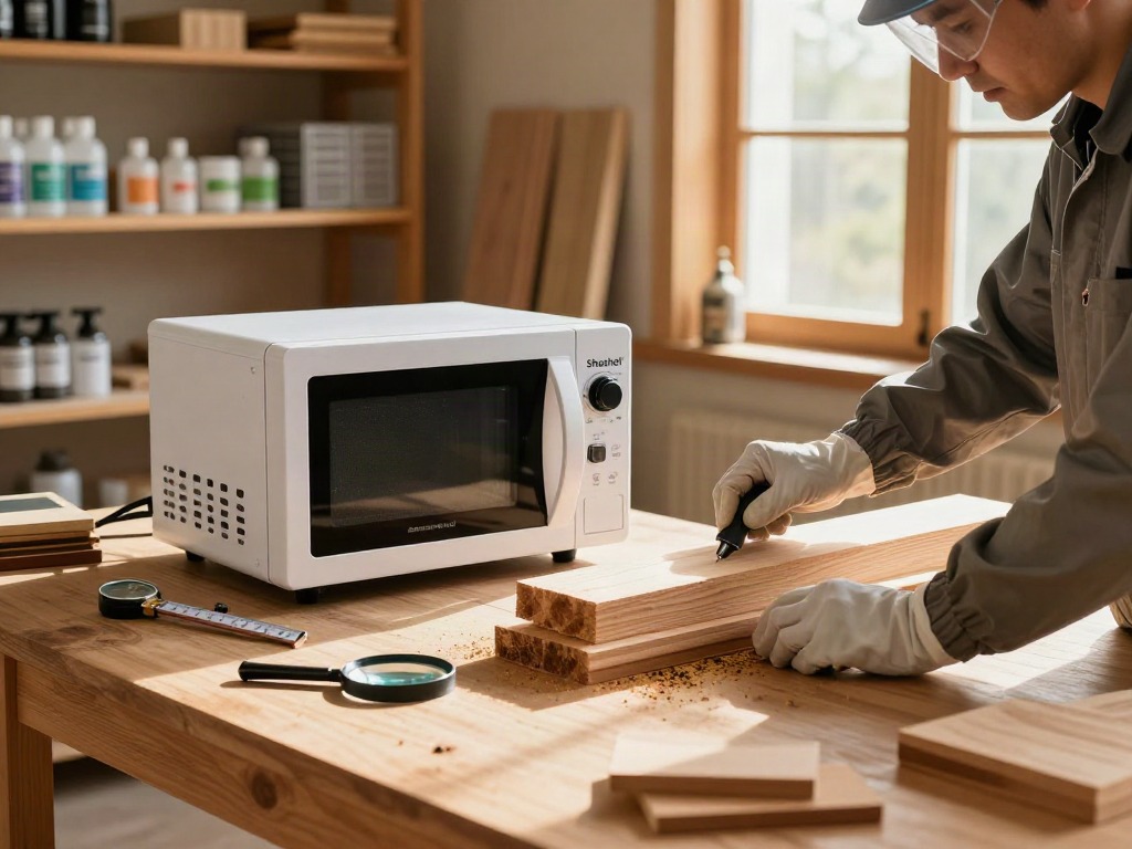 Traitement écologique du bois avec Shashel®, technicien utilisant un appareil à micro-ondes pour exterminer les insectes.
