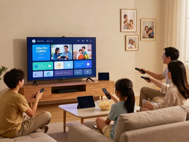 Famille utilisant l'application atlas pro ontv sur une télévision intelligente lors d'une soirée cinéma à la maison.