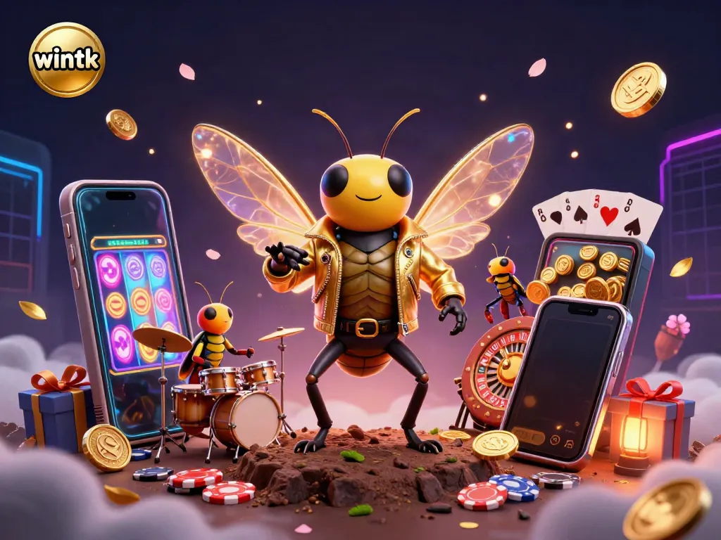 Experience exciting wins at wintk with a lively 3D casino scene featuring a cicada rock star and enchanting game elements.